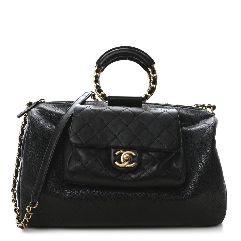Grained Calfskin Lambskin Quilted Large Bowling Bag Black