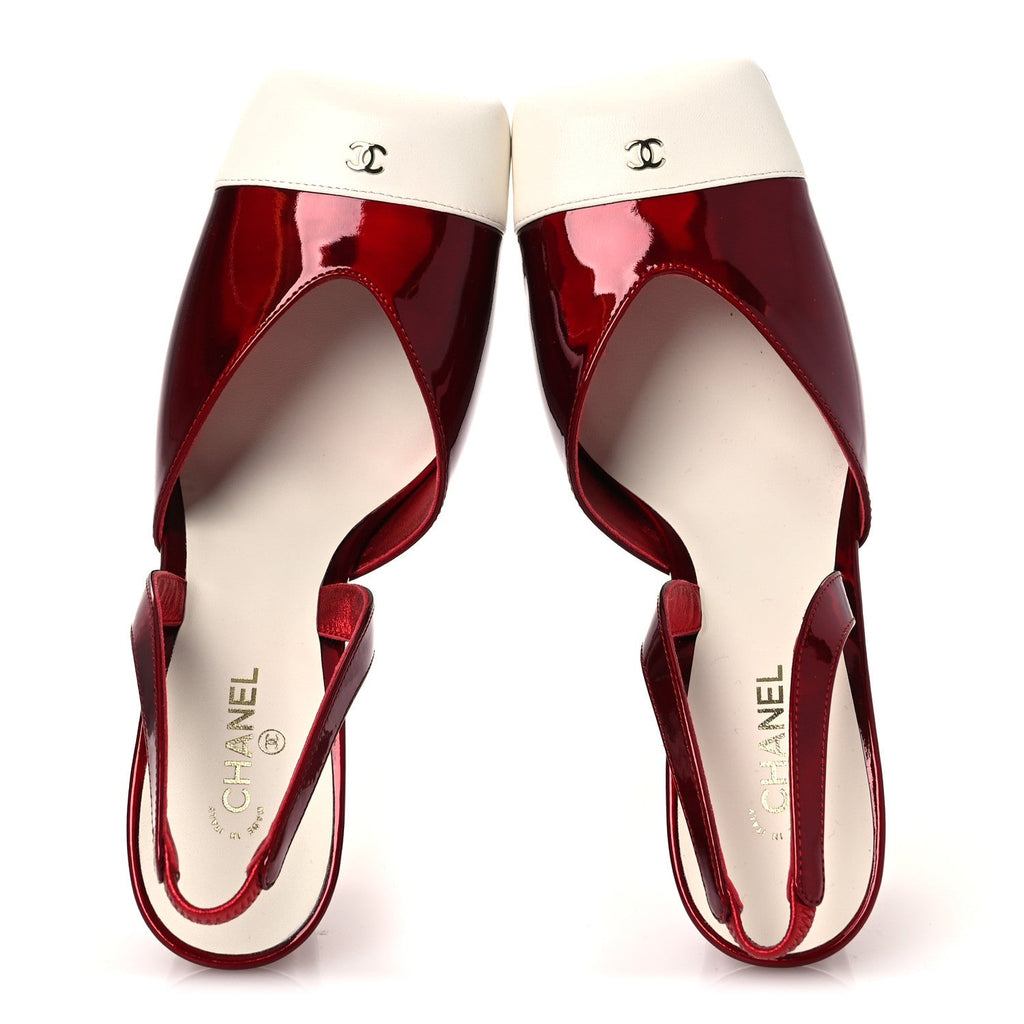 Laminated Calfskin Lambskin Cap Toe CC Slingback Pumps 38 Red Ivory