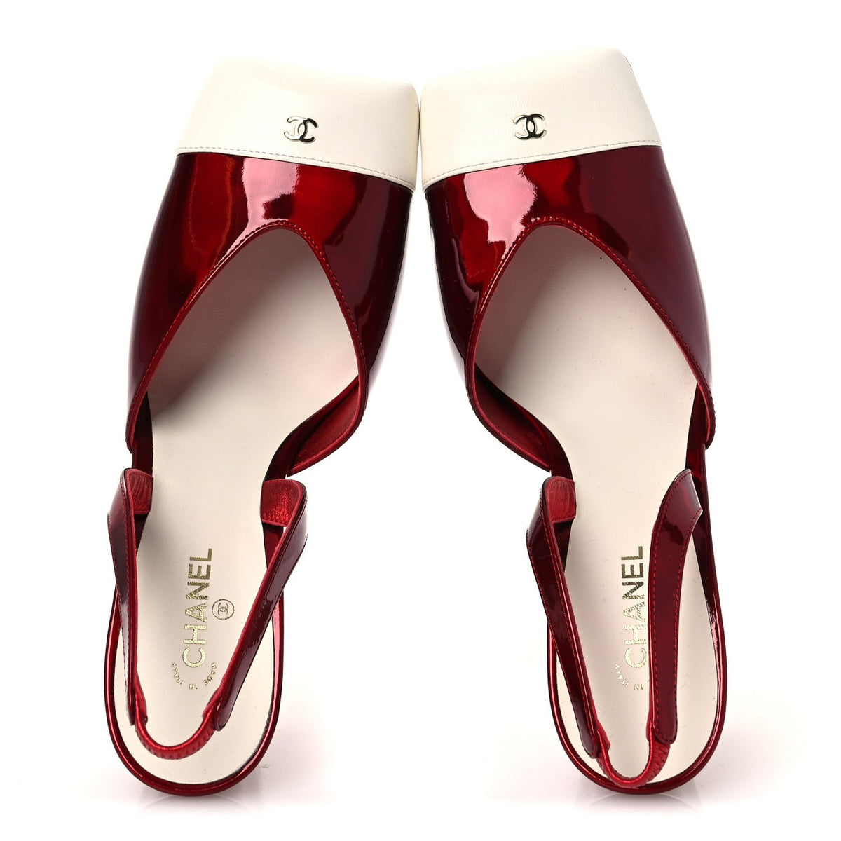 Laminated Calfskin Lambskin Cap Toe CC Slingback Pumps 38 Red Ivory