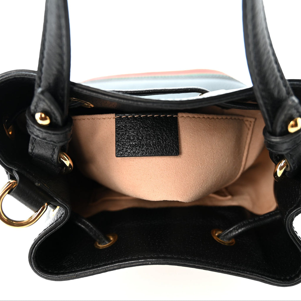 Glazed Textured Calfskin Web Small Ophidia Bucket Bag Black