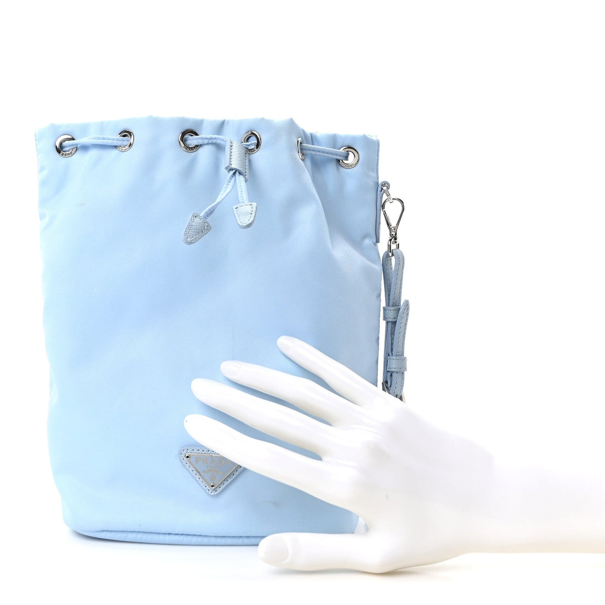 Re-Nylon Saffiano Vela Bucket Wristlet Celeste