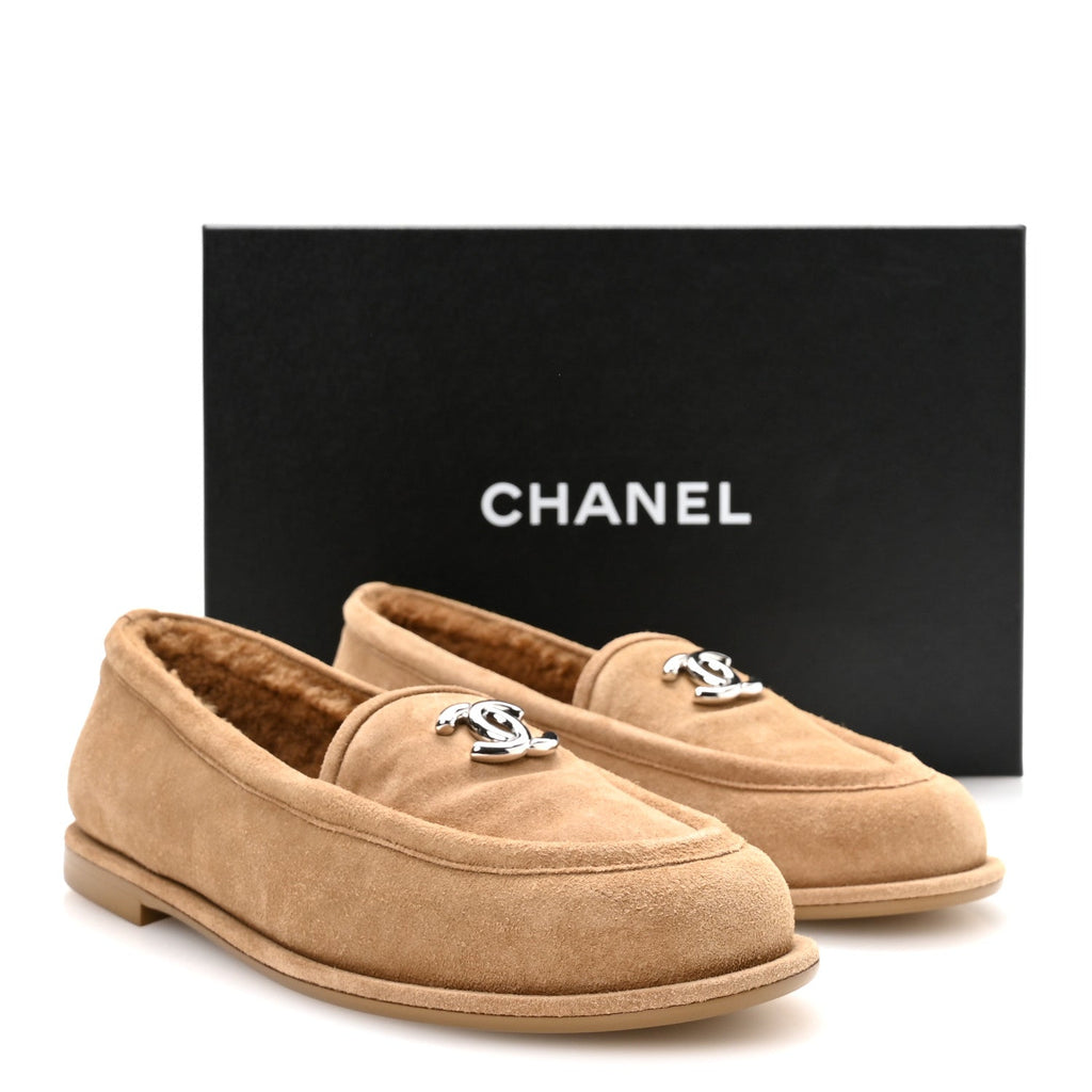 Suede Calfskin CC Loafers 37 Dark Beige