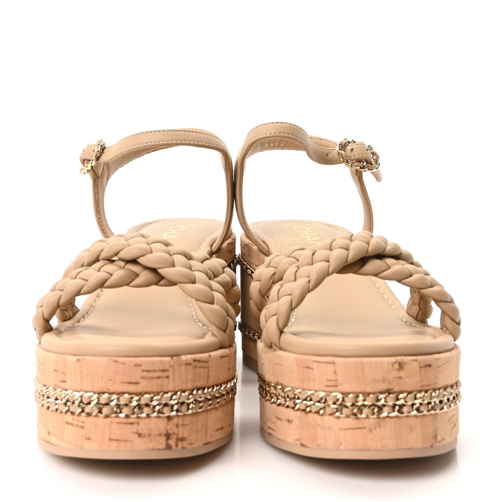 Lambskin Espadrille Braided Platform Sandals 37 Beige