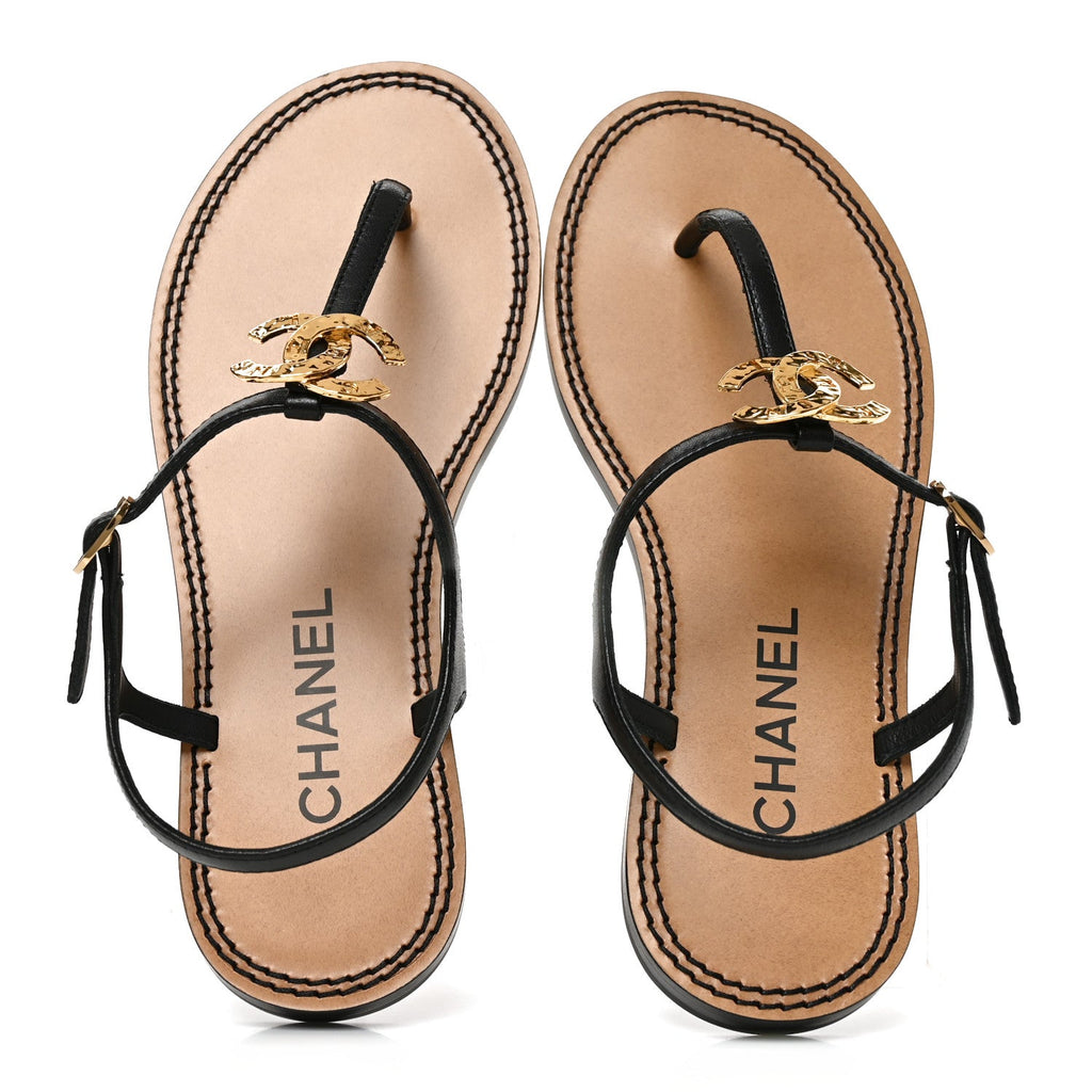 Lambskin CC Thong Sandals 35.5 Black Gold