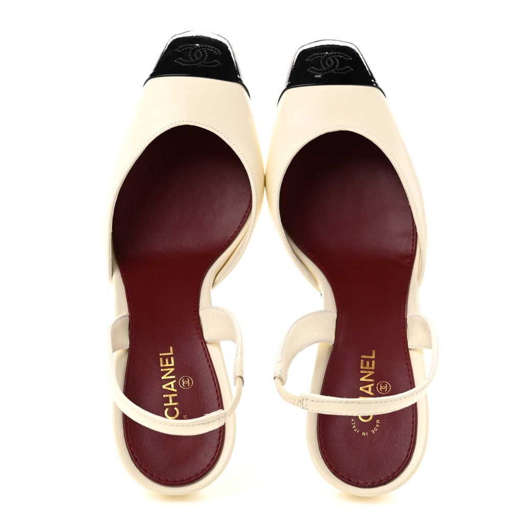 Lambskin Patent Calfskin Cap Toe CC Slingback Pumps 41 Ivory Black