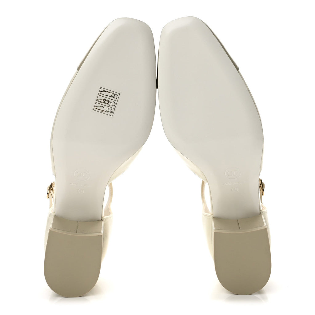 Shiny Lambskin CC Cap Toe Mary Janes Pumps 40 White Light Beige