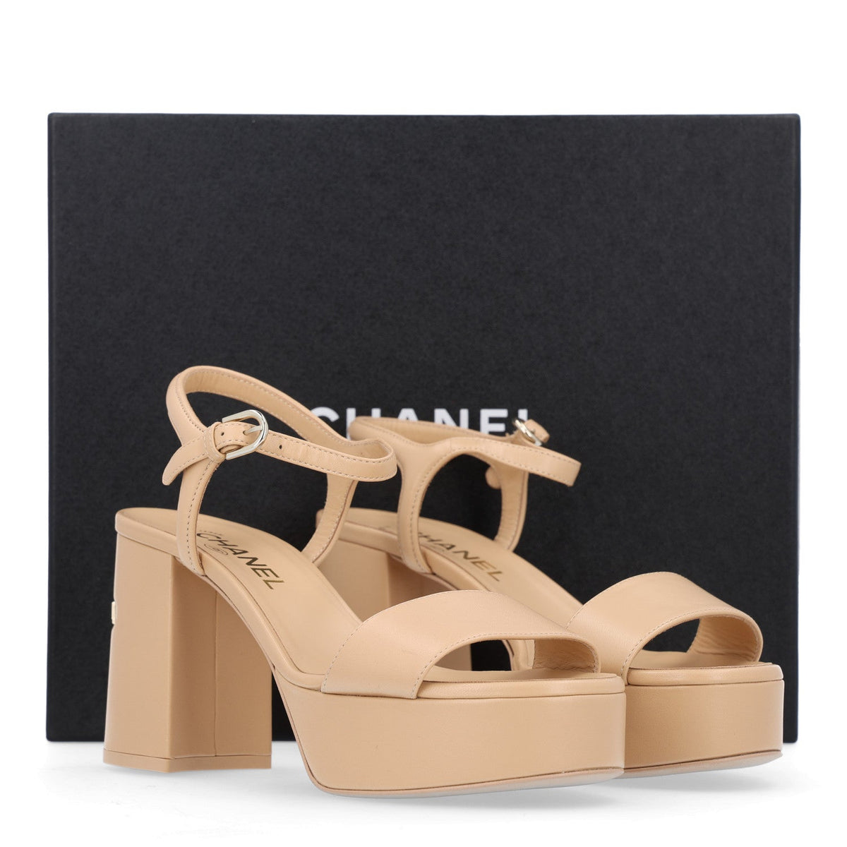 Lambskin Logo Platform Sandals 38 Beige