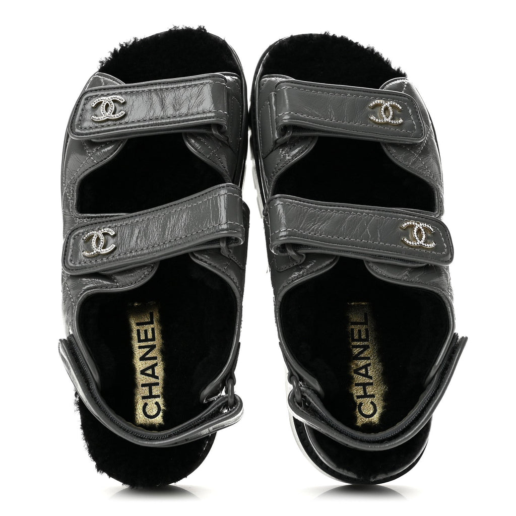 Laminated Lambskin Shearling Crystal CC Velcro Dad Platform Sandals 36 Dark Grey Black