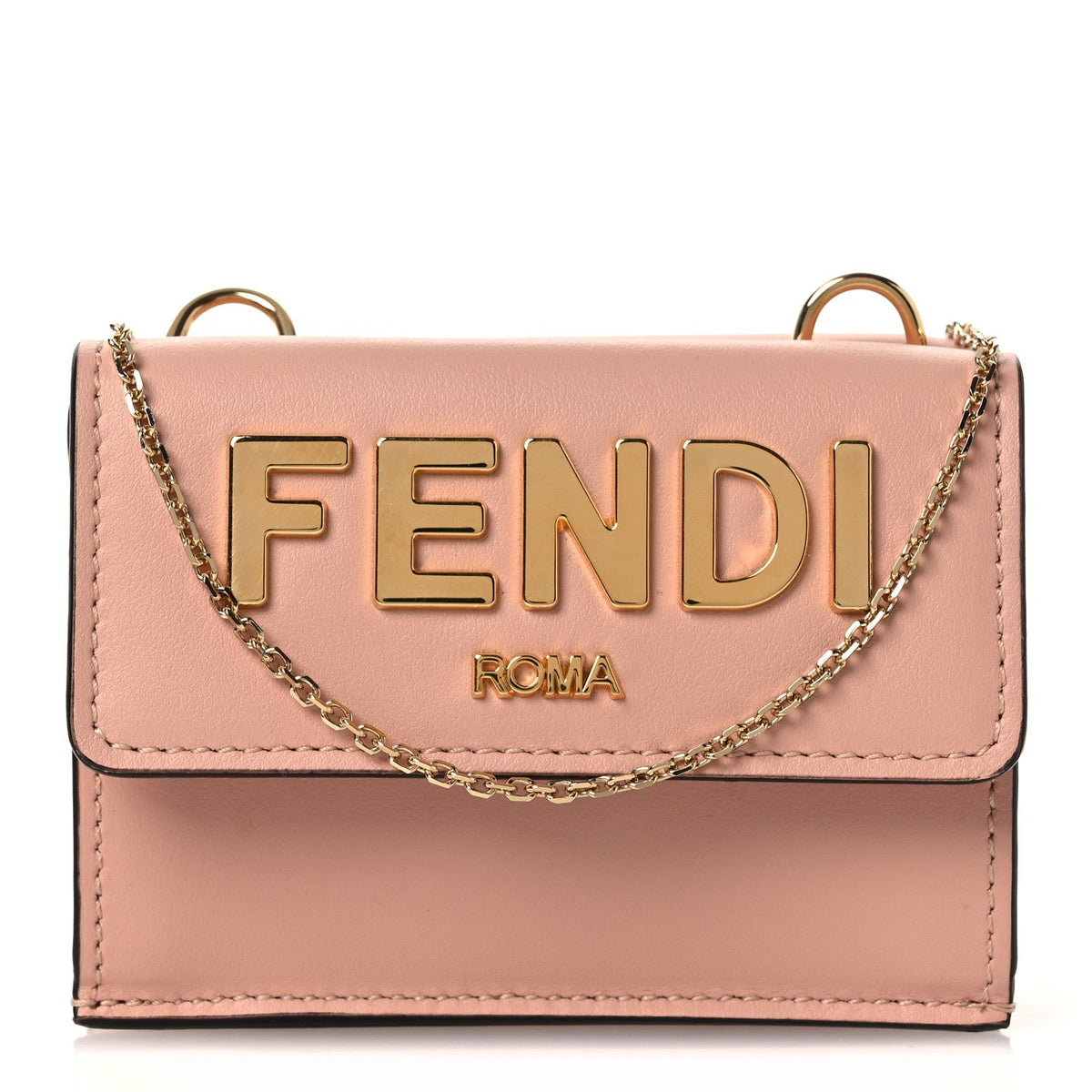 Vitello Kyoto Metal Fendi Roma Logo Micro Trifold Wallet with Chain Light Rose