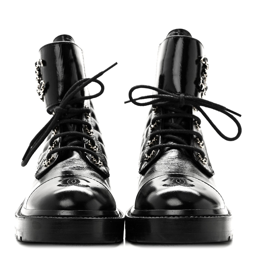 Shiny Lambskin Quilted Lace Up Combat Boots 38.5 Black