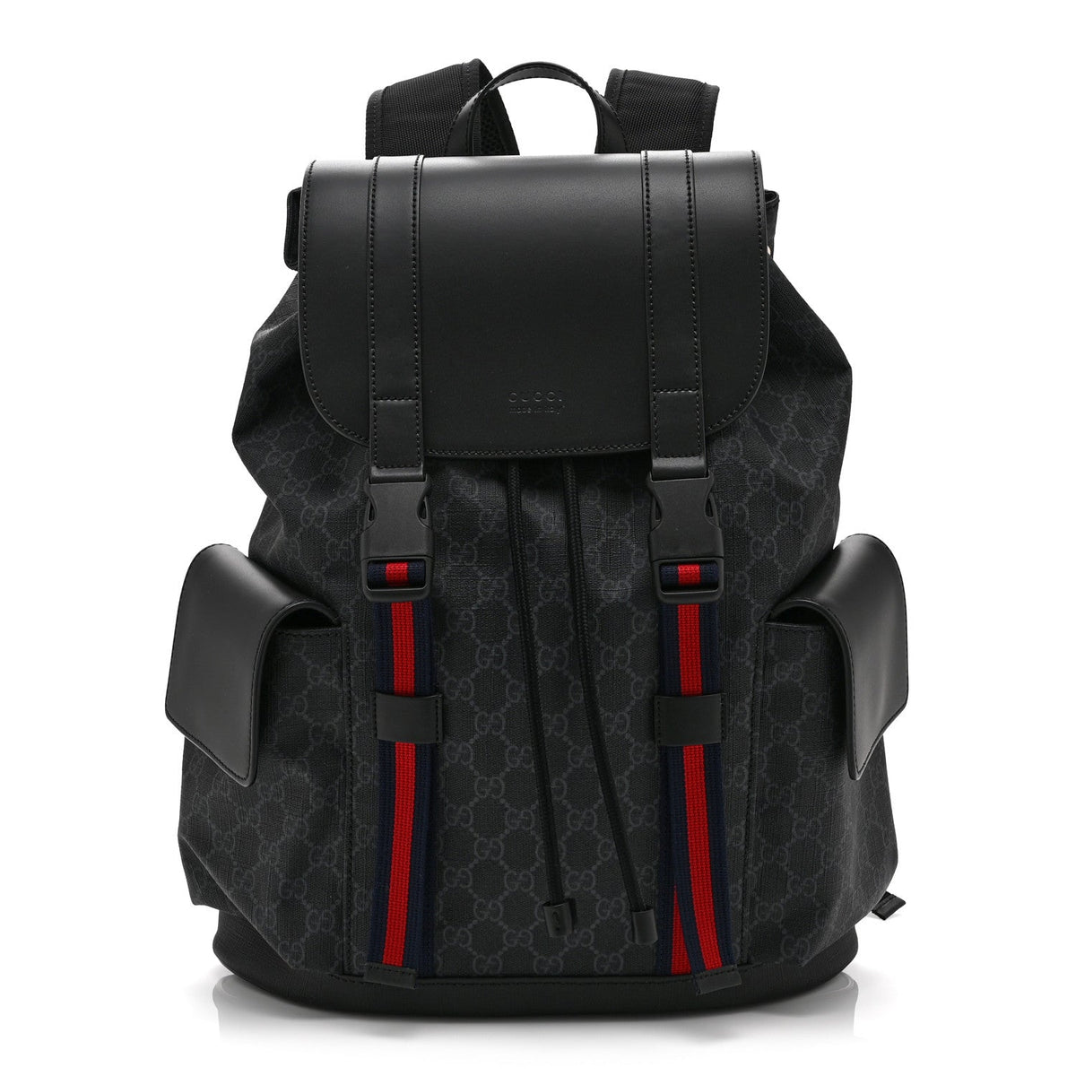 Soft GG Supreme Monogram Calfskin Web Double Buckle Backpack Black