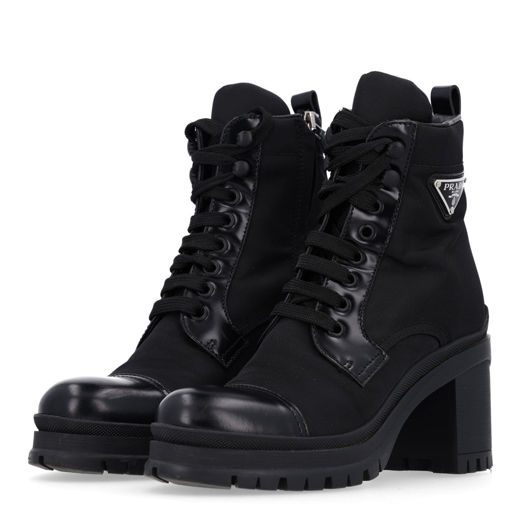 Spazzolato Re-Nylon Metal Triangle Logo Lace Up 55mm Ankle Boots 36 Black