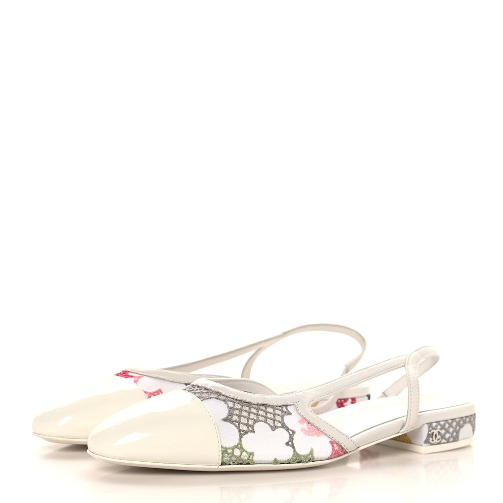 Cotton Guipure Patent Embroidered Floral Cap Toe CC Slingback Flats 37 White Multicolor