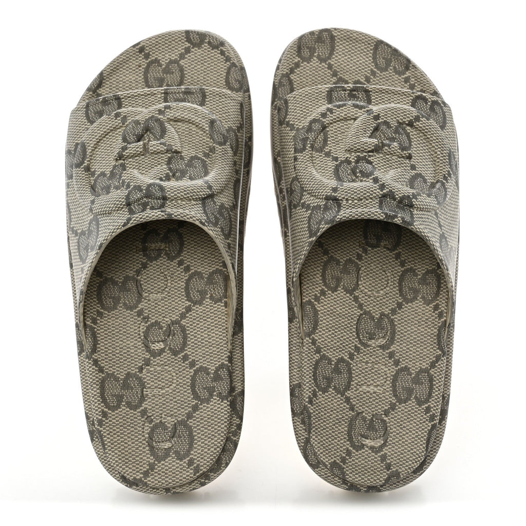 Cubic Rubber GG Monogram Womens Interlocking G Platform 42mm Slide Sandals 36 Beige Ebony