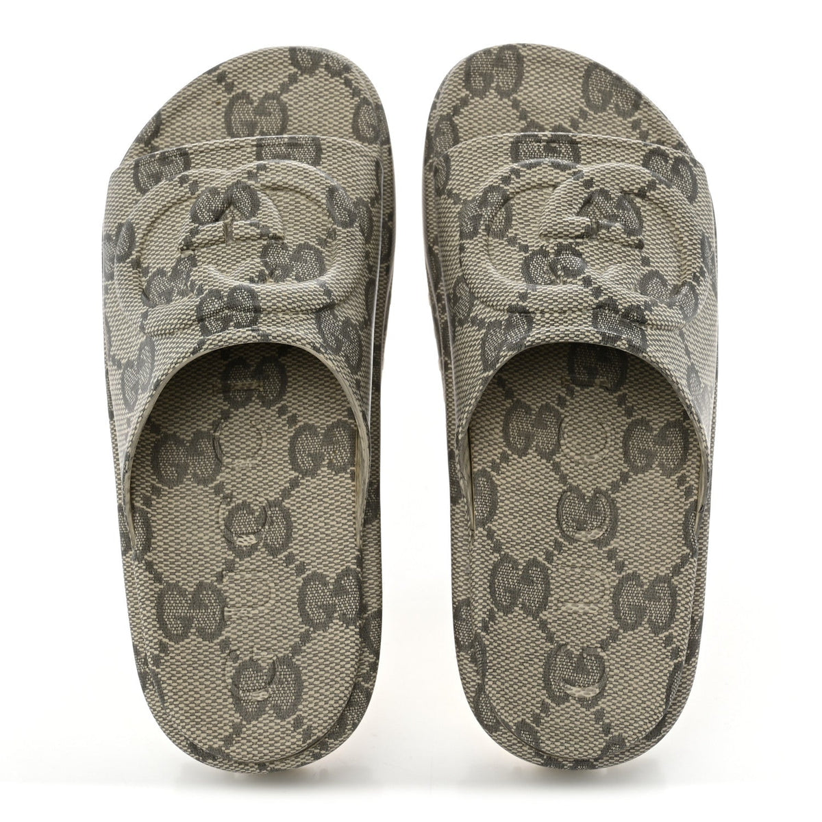 Cubic Rubber GG Monogram Womens Interlocking G Platform 42mm Slide Sandals 36 Beige Ebony