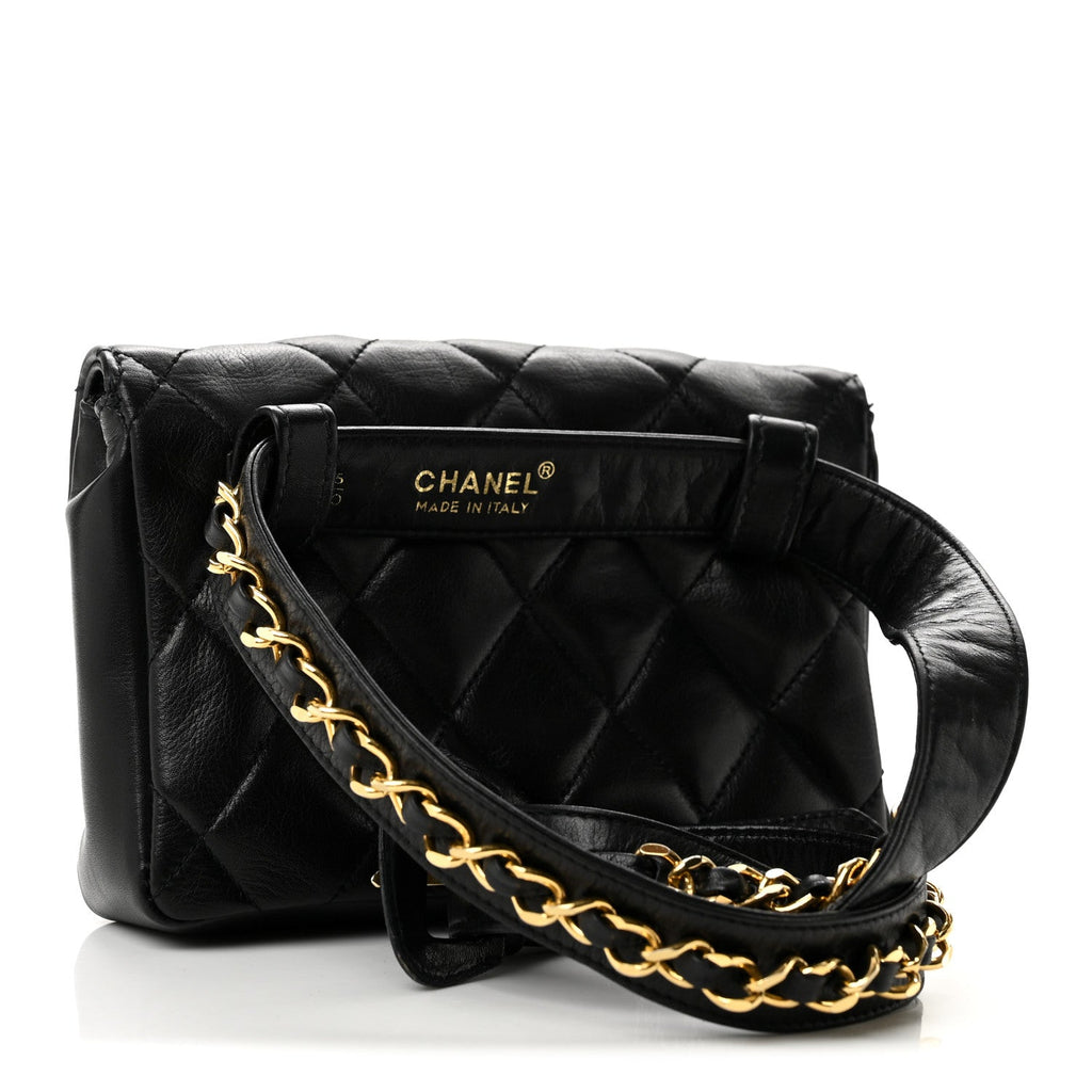 Lambskin Quilted Flap Waist Belt Bag 75 30 Black