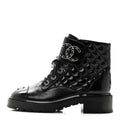 Shiny Lambskin Quilted Lace Up Combat Boots 38.5 Black