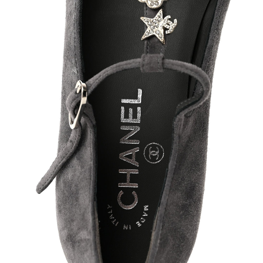 Suede Grosgrain Crystal Pearl Crystal Cap Toe T Strap CC Mary Jane Flats  37.5 Grey Black