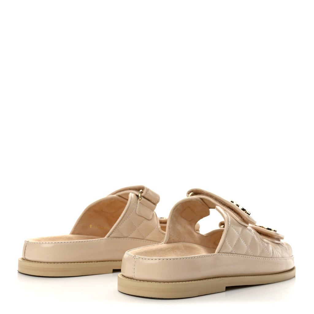 Shiny Calfskin Crystal Quilted Velcro Dad CC Slide Sandals 38.5 Beige