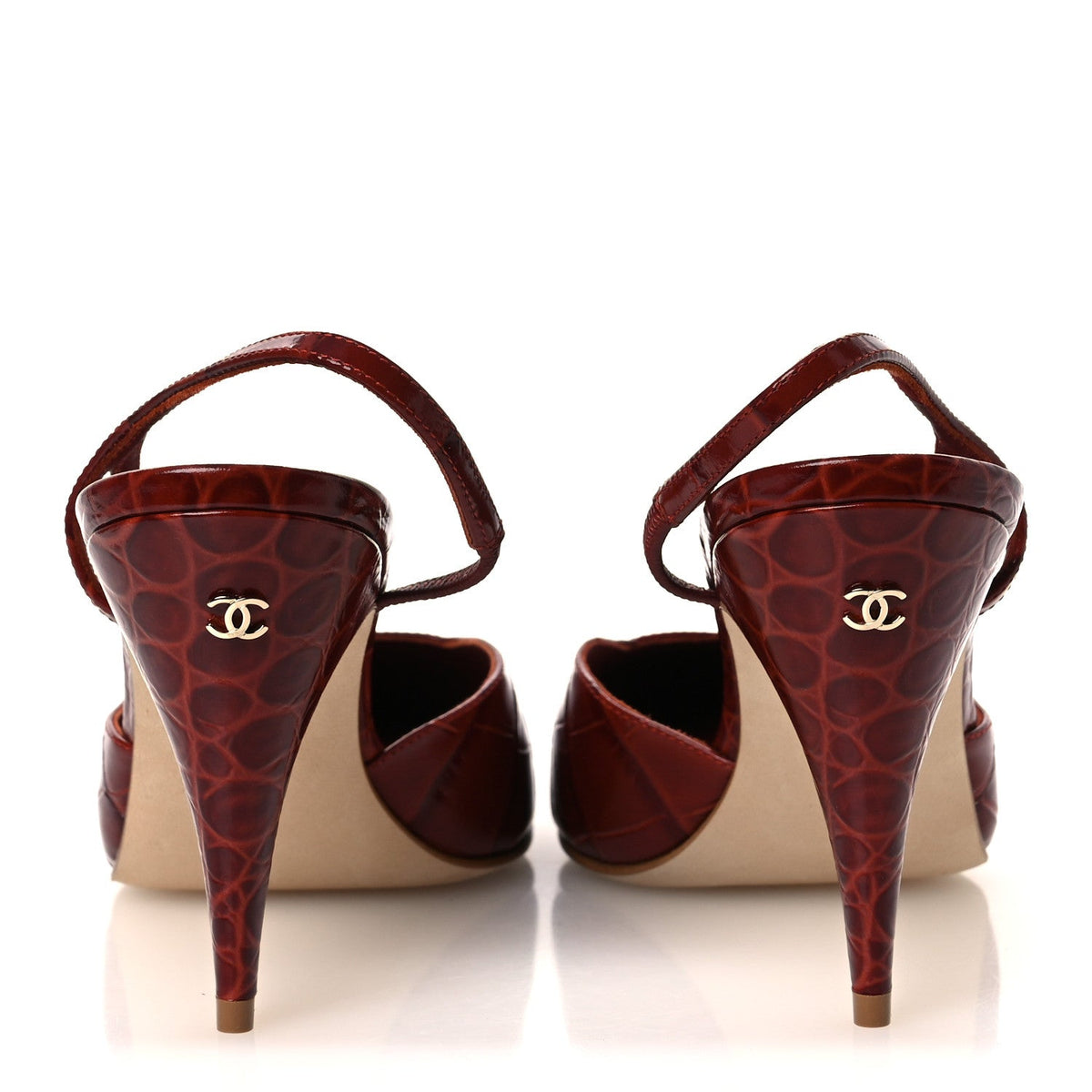 Patent Calfskin Crocodile Embossed Cap Toe CC Slingback Pumps 39 Dark Red White