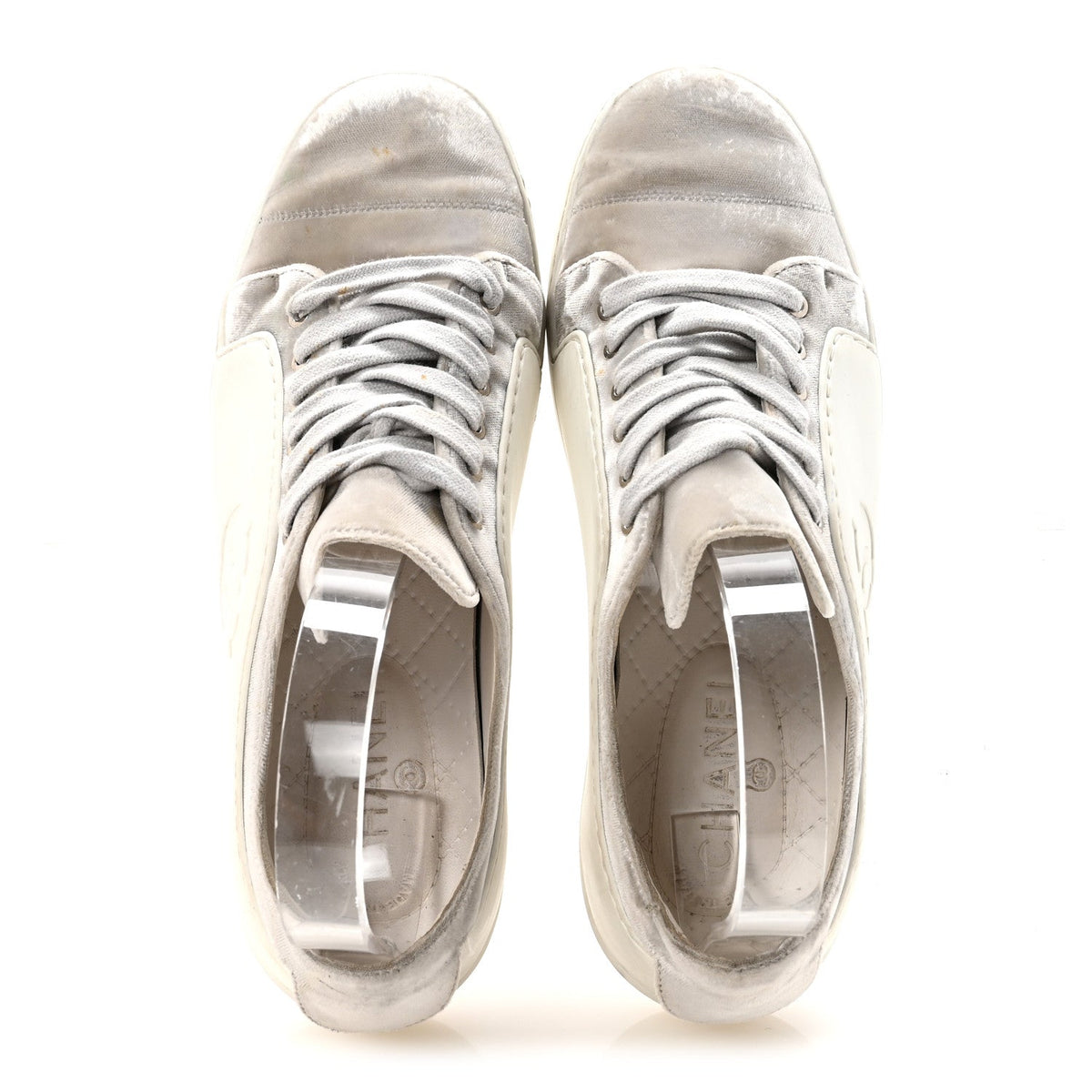 Calfskin Velvet Womens CC Sneakers 39.5 White Silver