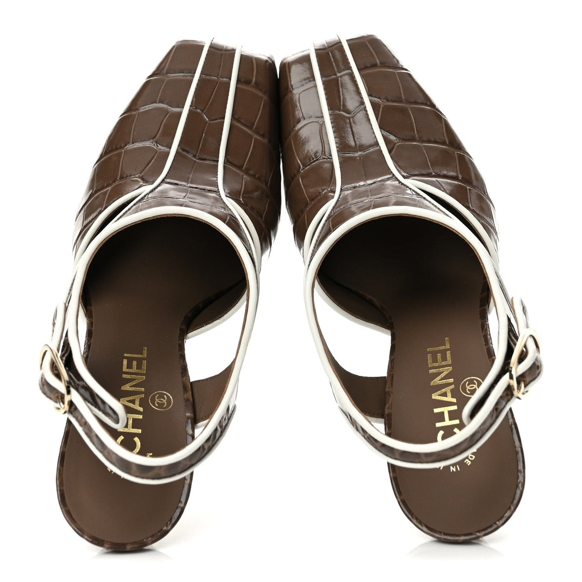 Patent Calfskin Crocodile Embossed CC Slingback Pumps 37.5 Brown White