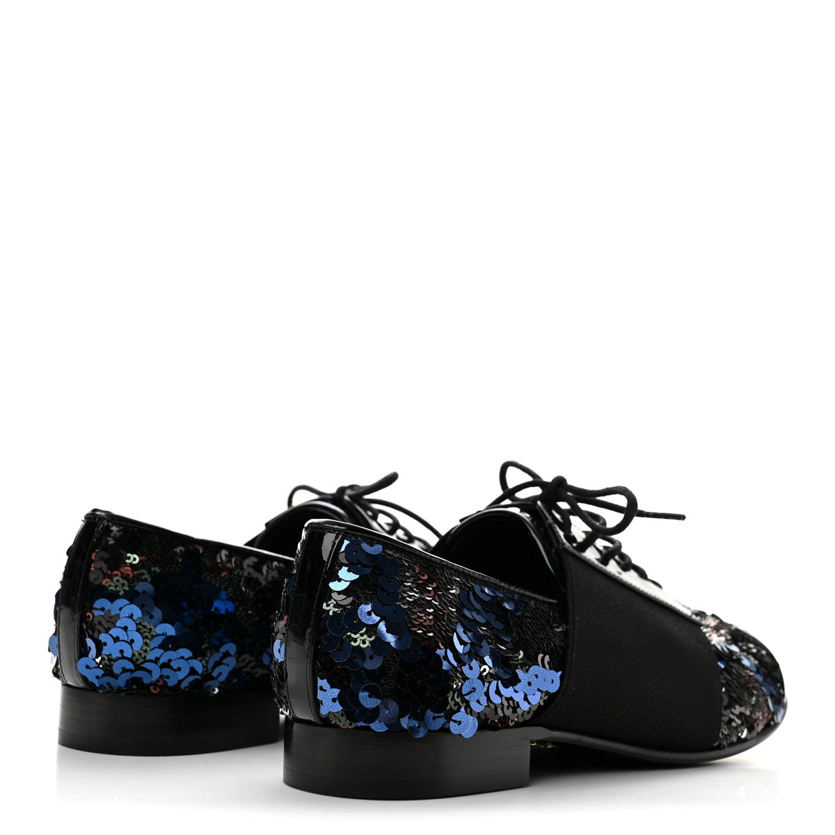 Patent Calfskin Sequin CC Cap Toe Womens Lace Up Oxfords 37.5 Blue Black