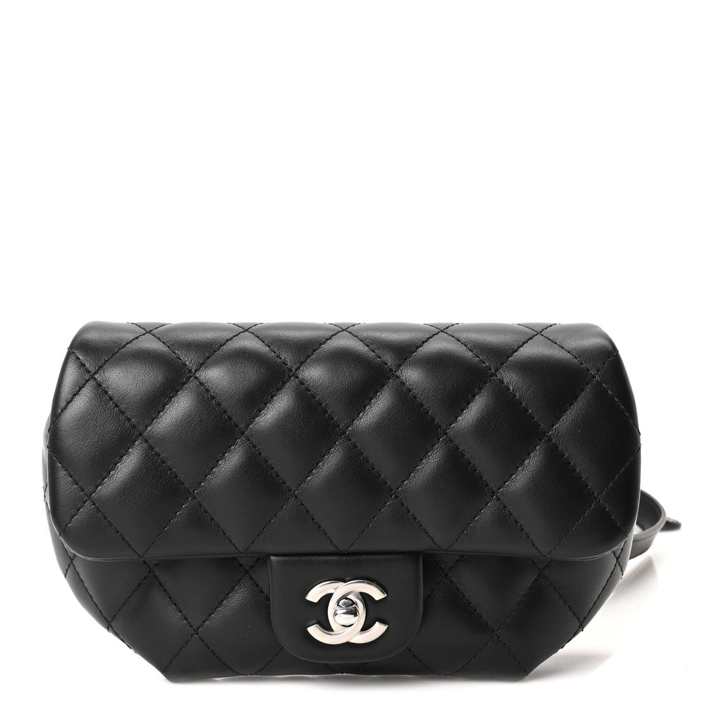 Calfskin Quilted CC Uniform Flap Belt Bag Black