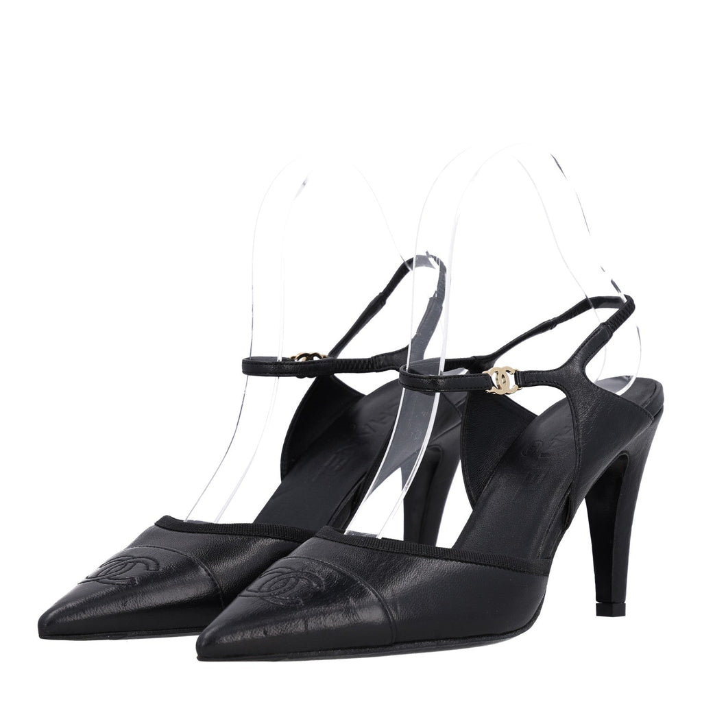 Iridescent Lambskin Pointed Cap Toe CC Slingback Pumps 37.5 Black