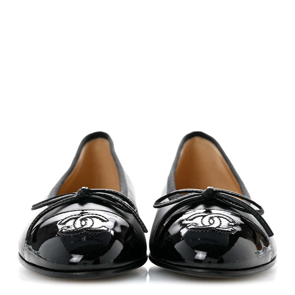 Lambskin Patent Cap Toe Ballerina Flats 36 Black