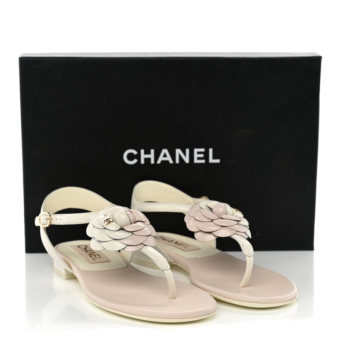 Shiny Calfskin Camellia Thong Sandals 37 Ivory Beige