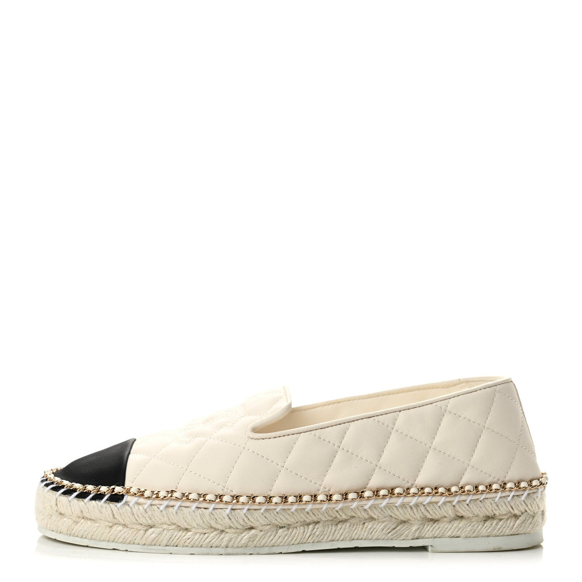 Shiny Lambskin Quilted Grosgrain Cap Toe CC Chain Espadrilles 40 White Black