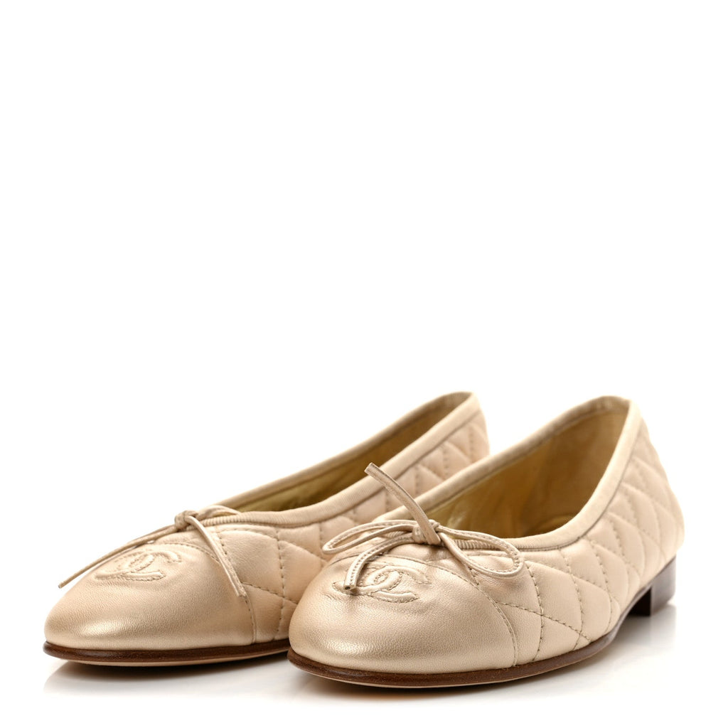 Metallic Lambskin Quilted CC Cap Toe Ballerina Flats 37 Light Gold