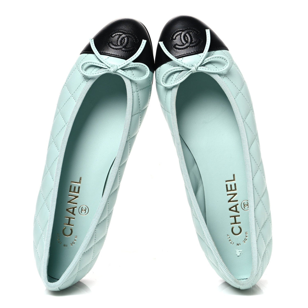 Lambskin Quilted CC Cap Toe Ballerina Flats 38 Light Blue Black