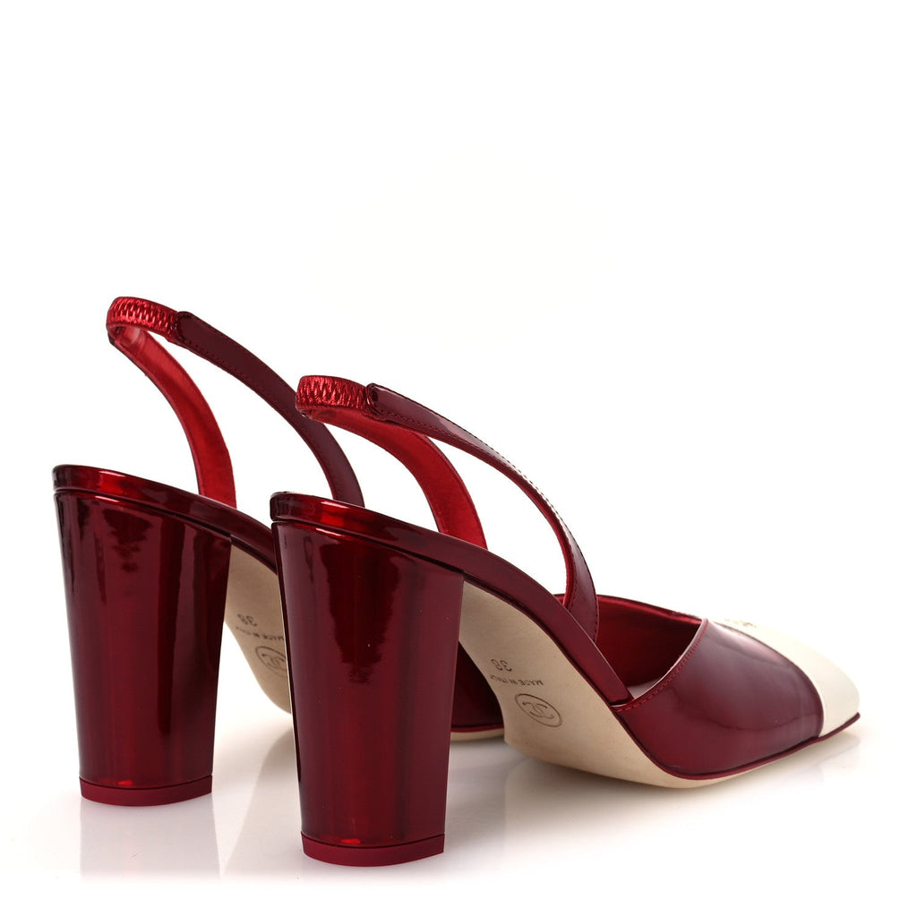 Laminated Calfskin Lambskin Cap Toe CC Slingback Pumps 38 Red Ivory