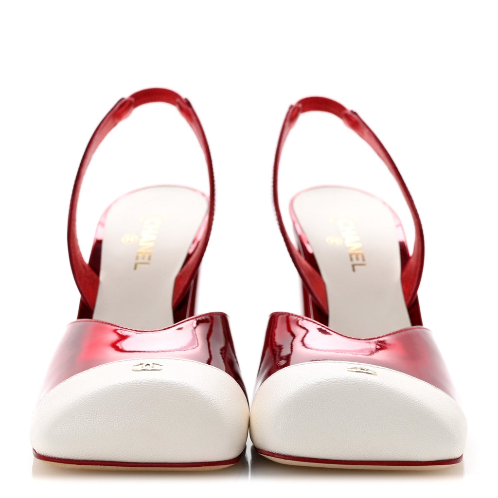 Laminated Calfskin Lambskin Square Cap Toe CC Slingback Pumps 36.5 Red Ivory