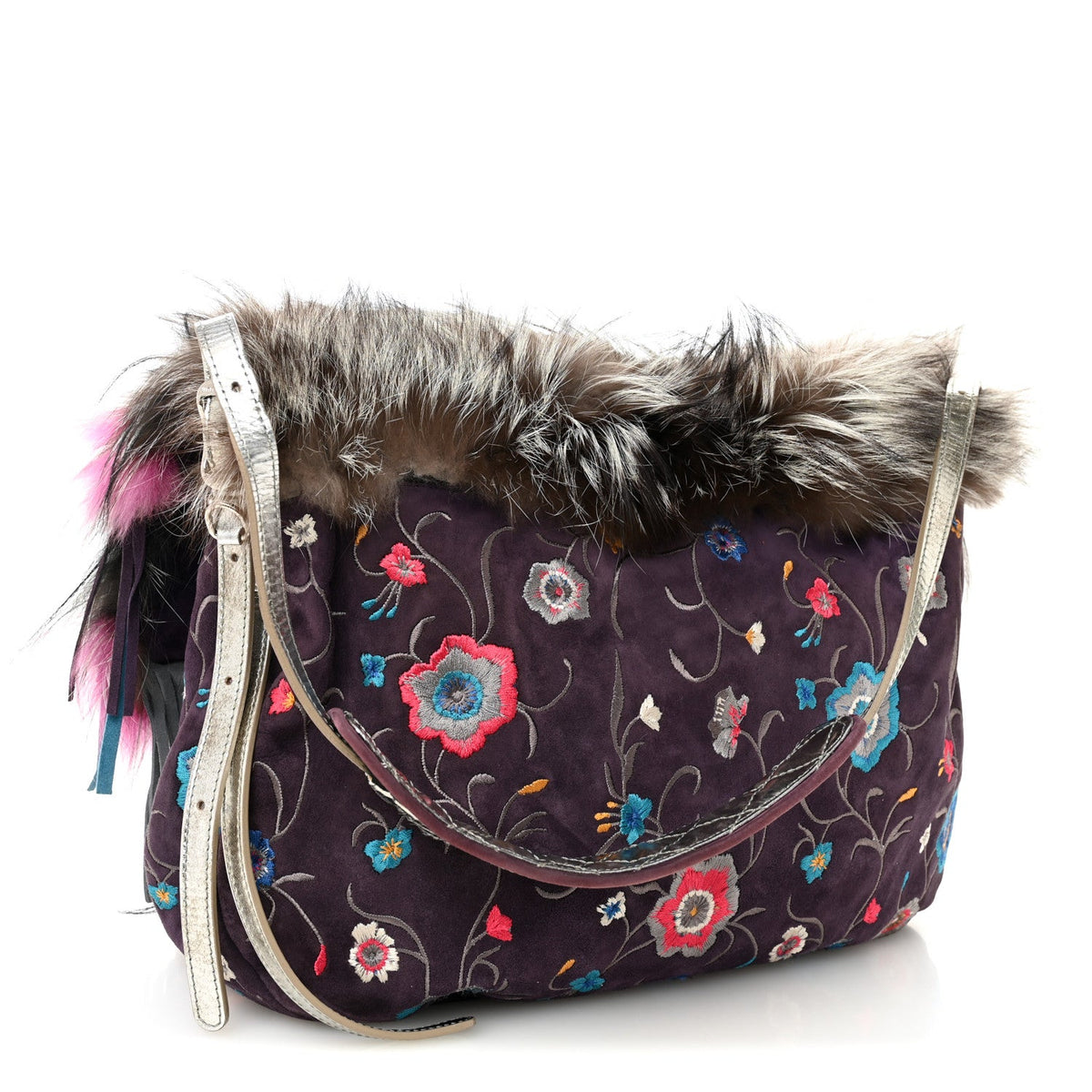 Fox Fur Suede Floral Embroidered Biker Shoulder Bag
