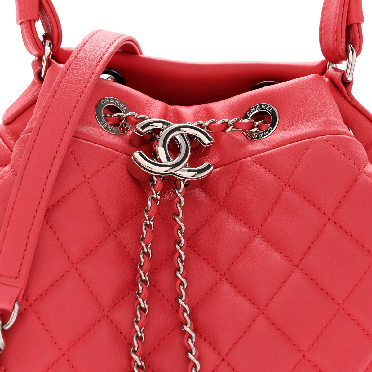 Lambskin Quilted Small CC Chain Drawstring Bucket Bag Pink