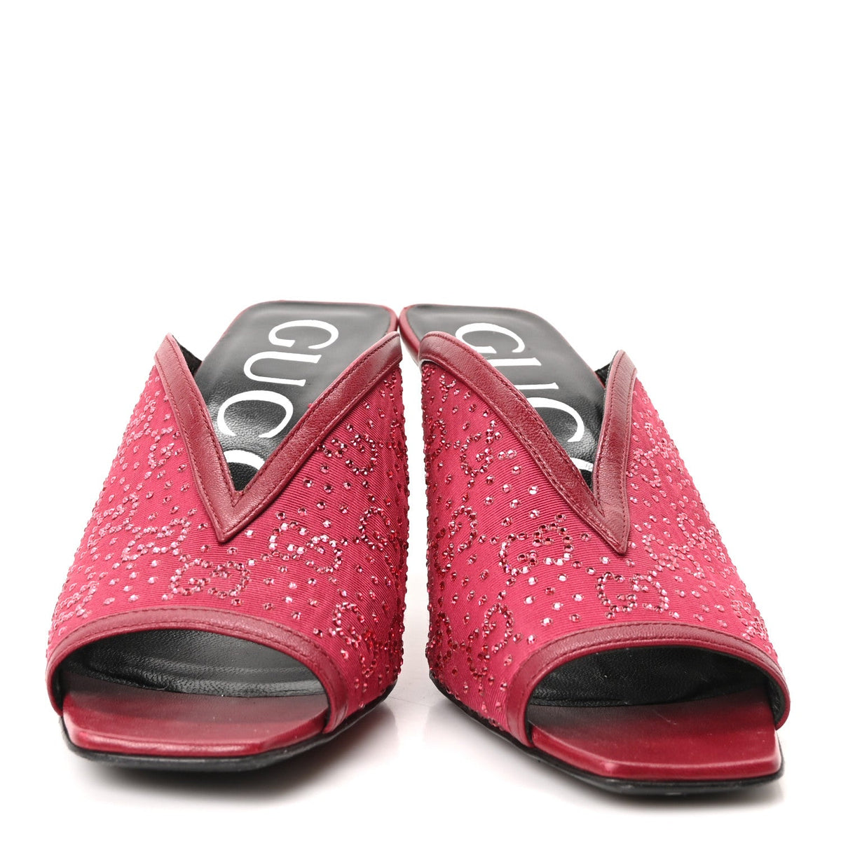 Moire Fabric Malaga Kid Crystal GG Monogram Square G 95mm Slide Sandals 35 Dark Cherry Red