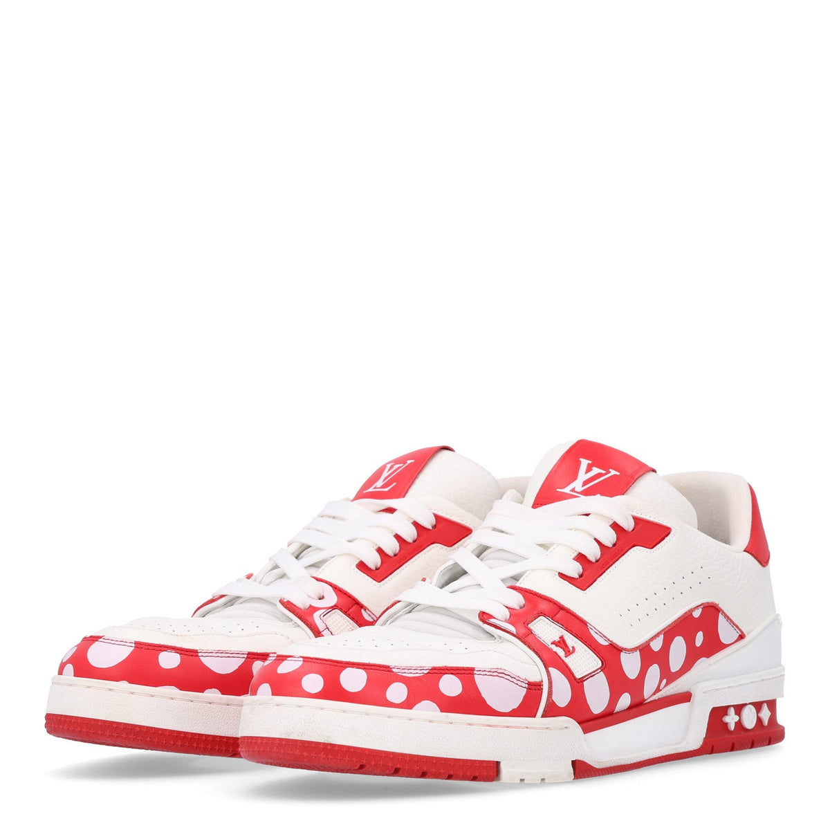 LV X YK Calfskin Printed Mens Infinity Dots Trainer Sneakers 10 White Red