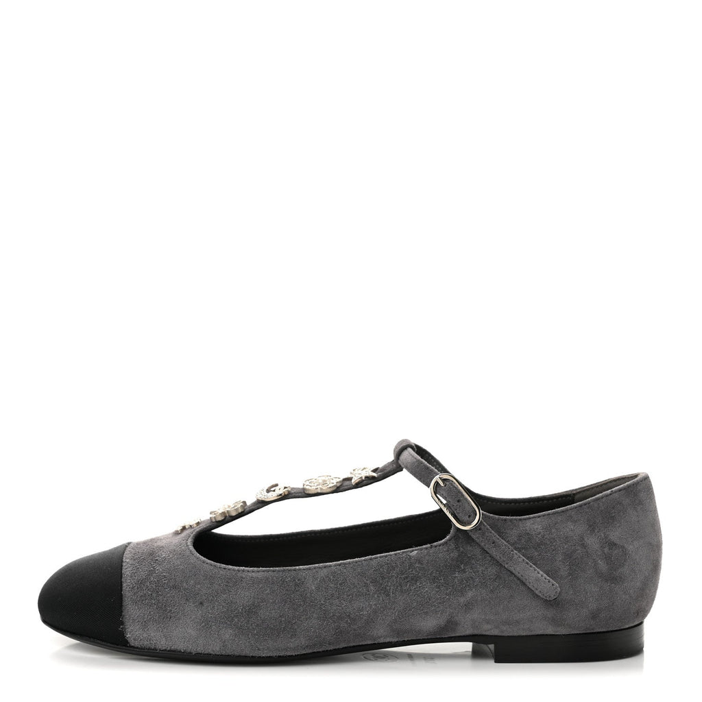 Suede Grosgrain Crystal Pearl Crystal Cap Toe T Strap CC Mary Jane Flats  37.5 Grey Black
