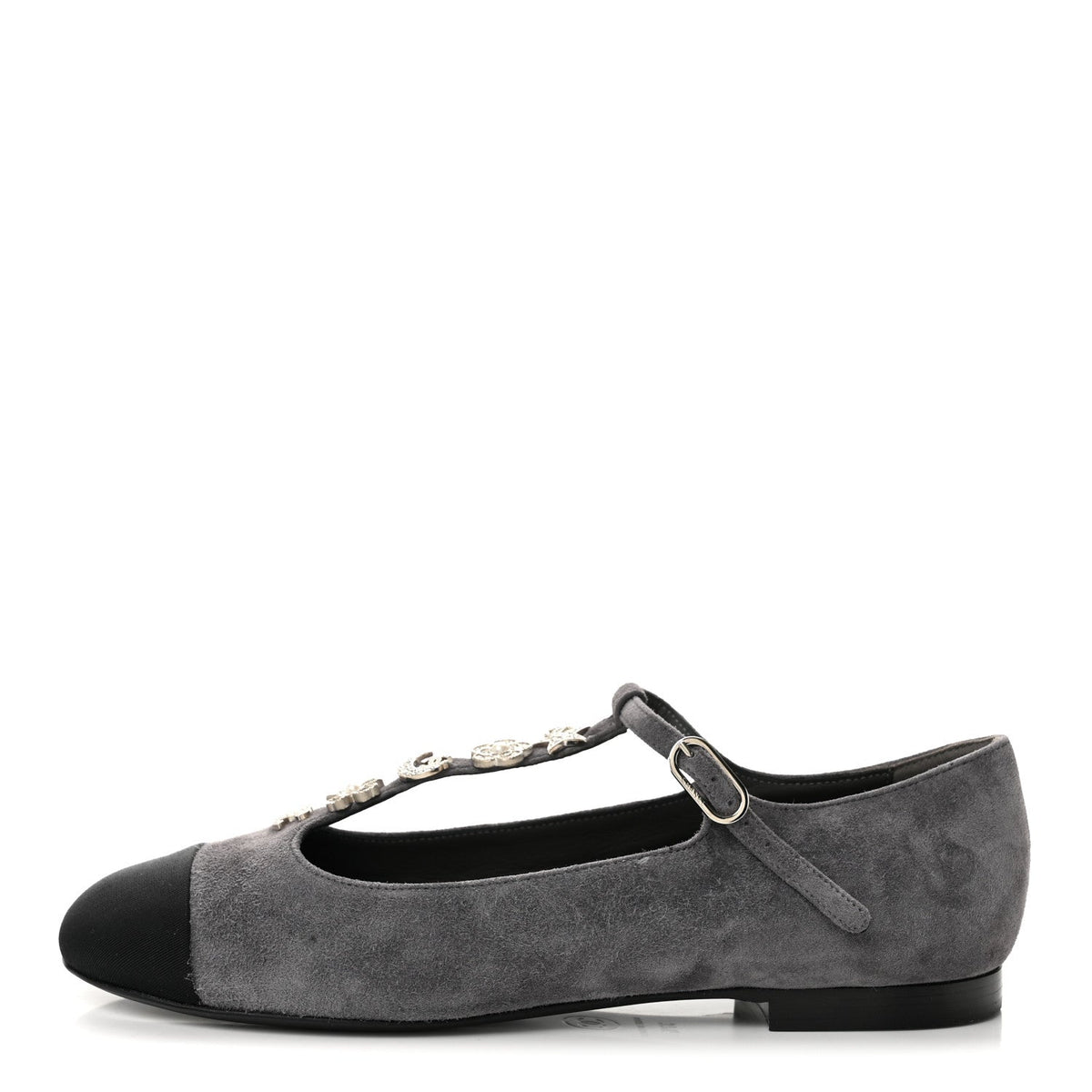 Suede Grosgrain Crystal Pearl Crystal Cap Toe T Strap CC Mary Jane Flats  37.5 Grey Black