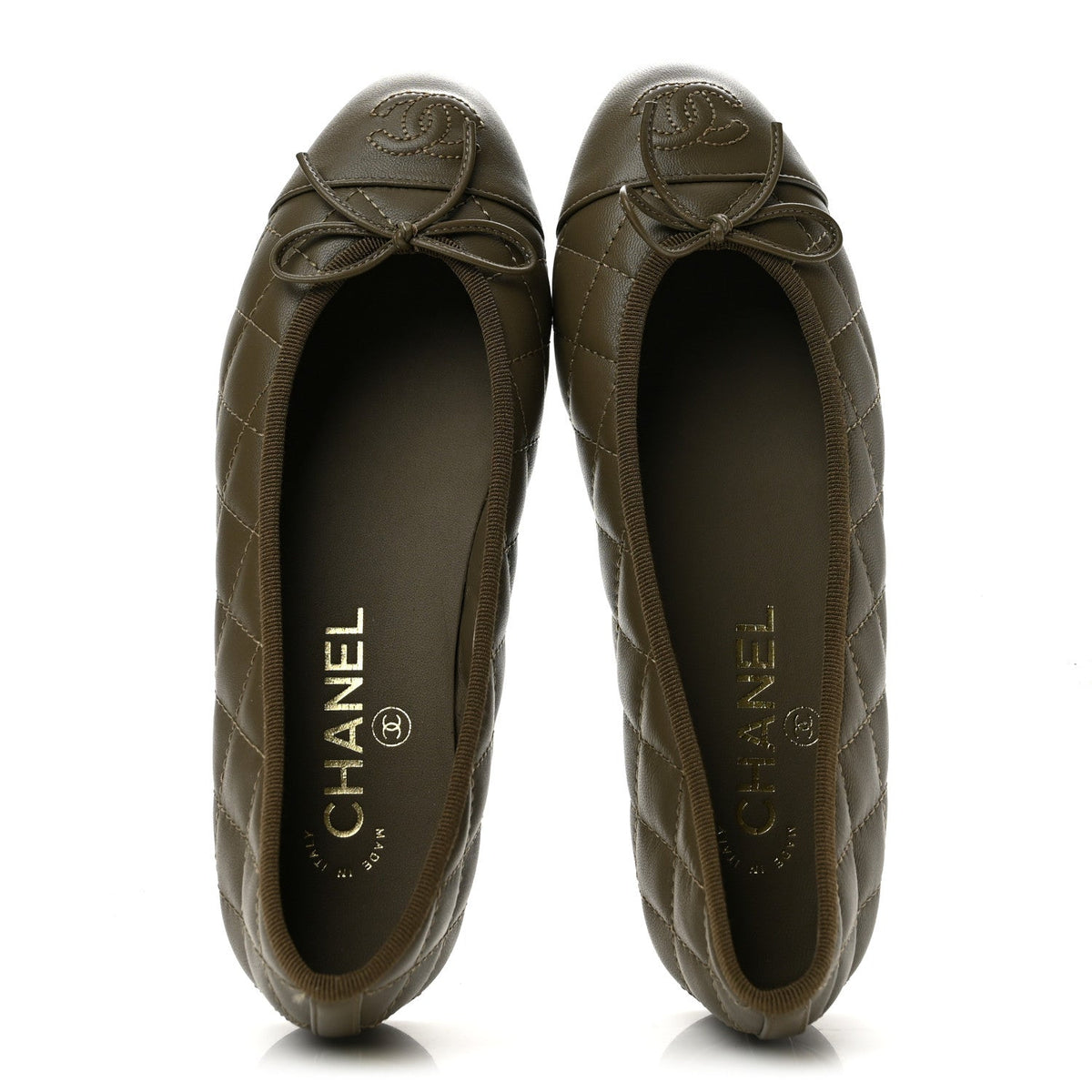 Lambskin Quilted CC Cap Toe Ballerina Flats 35.5 Dark Khaki