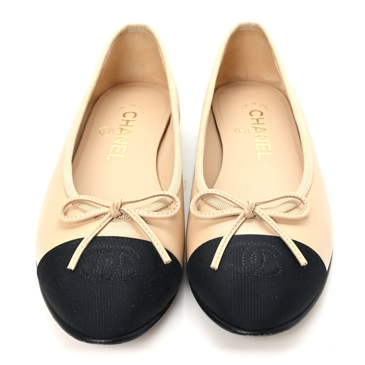 Lambskin Grosgrain Cap Toe CC Ballerina Flats 36 Beige Black
