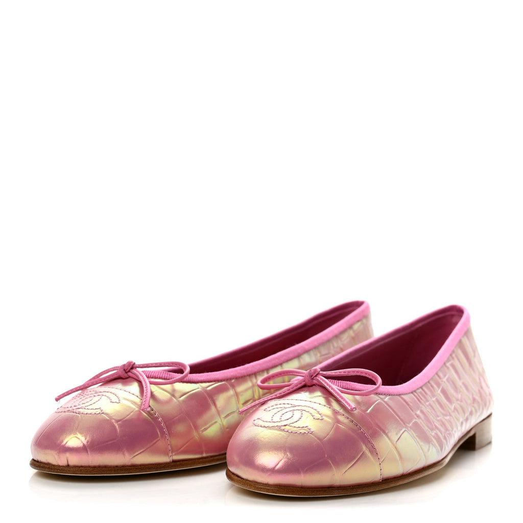 Iridescent Crocodile Embossed Calfskin Ballet Flats 38.5 Pink