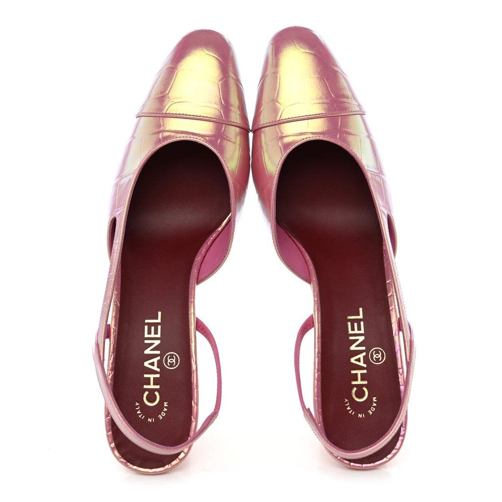 Iridescent  Crocodile Embossed CC Cap Toe CC Slingback Pumps 41 Pink