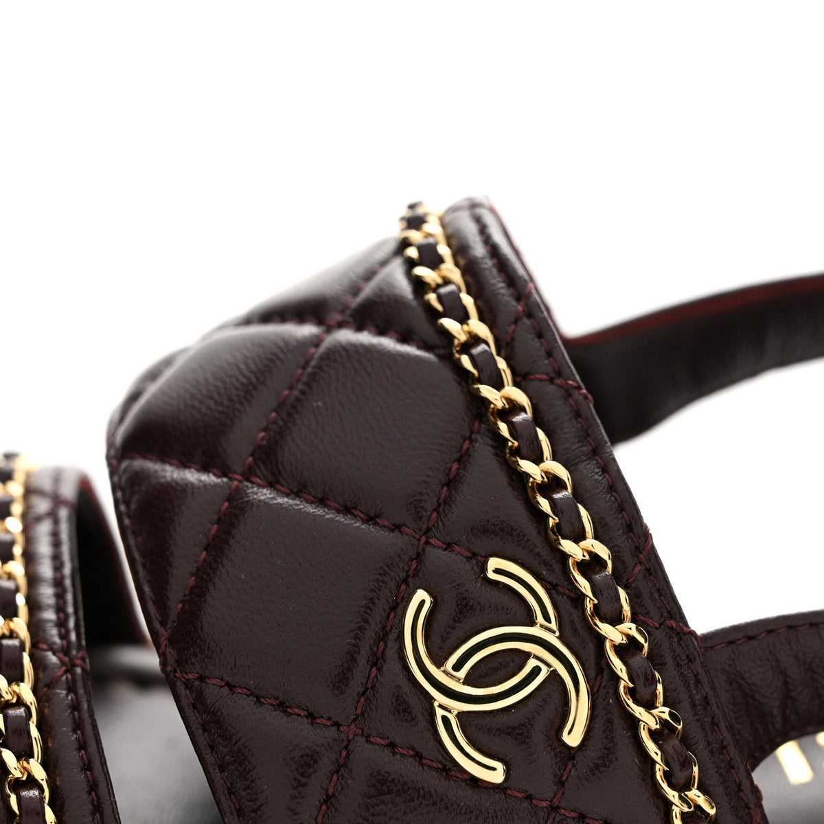 Shiny Lambskin Quilted Chain Around CC Platform Sandals 36 Burgundy
