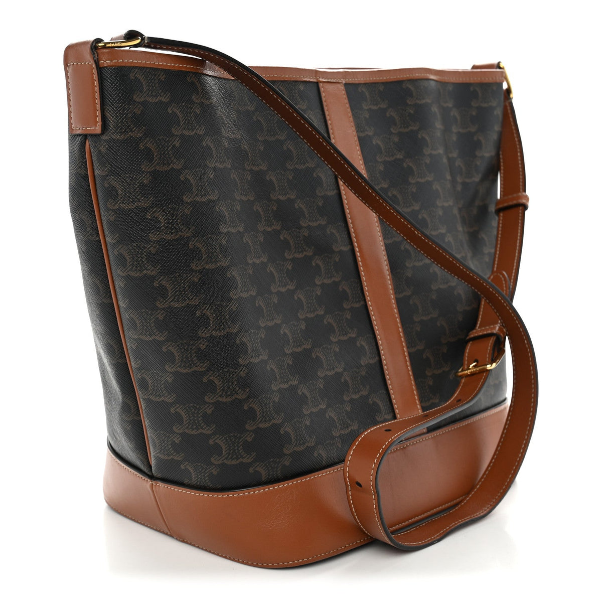 Triomphe Canvas Calfskin Medium Bucket Bag Tan