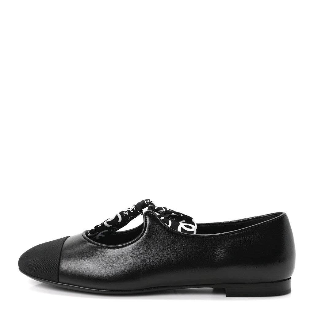Lambskin Grosgrain Silk CC Mary Jane Flats 40 Black White
