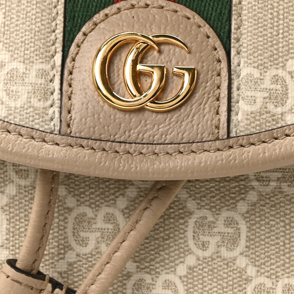 GG Supreme Monogram Textured Dollar Calfskin Web Mini Chain Drawstring Backpack Beige Mystic White Oatmeal